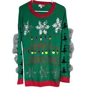 Merry Christmas Ugly Sweater Green Tinsel Sequin Tacky Holiday Knit Women's Top